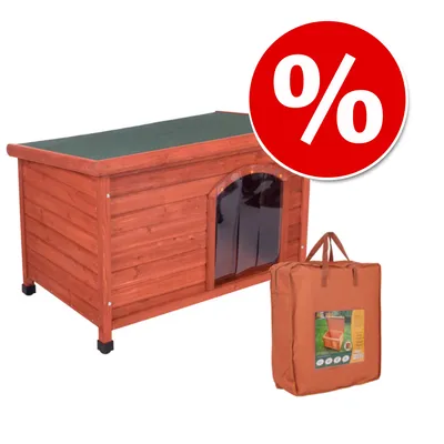 Niche pour chien en bois avec toit plat, porte en plastique transparent et sac de transport assorti. Symbole de réduction en haut à droite.