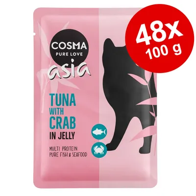 COSMA Asia Tuna with Crab in Jelly -kissanruoka, 48 x 100 g annospussit. Pakkauksessa teksti: multi protein pure fish & seafood.