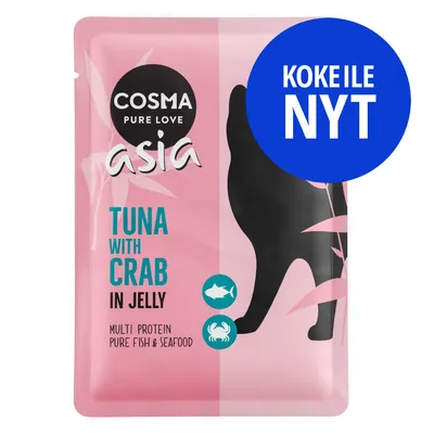 COSMA PURE LOVE asia TUNA WITH CRAB IN JELLY, multi protein pure fish & seafood. KOKEILE NYT -teksti sinisellä ympyrällä pakkauksessa.