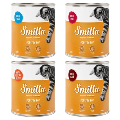 Smilla Poultry Pot hrana za mačke, 800g pločevinke v štirih vrstah: z ribo, govedino, piščančjimi srci in jagnjetino. Vsebuje tavrin, brez žit, proizvedeno v Nemčiji.