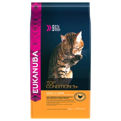 EUKANUBA Top Condition 1+ kattefoder, 91 % animalsk protein, Adult 1+ Years, Rich in Chicken, 4 kg = 66 Days. Billede af kat på posen.