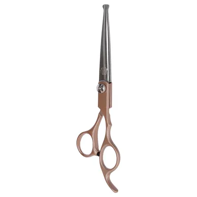 Professionele schaar met bronzen handgreep en zilveren lemmet, geschikt voor nauwkeurig knippen. Zichtbaar logo op het lemmet.