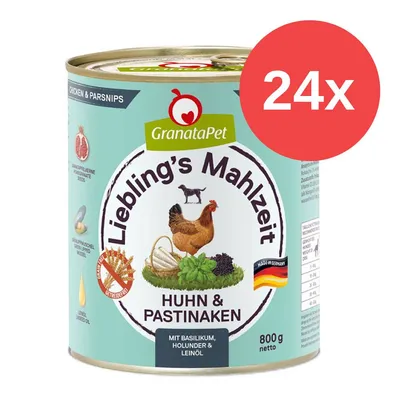 GranataPet Liebling's Mahlzeit Huhn & Pastinaken, mit Basilikum, Holunder & Leinöl, 800g netto, Made in Germany, 24x Packung. GranataPet Liebling's Mahlzeit Huhn & Pastinaken, mit Basilikum, Holunder & Leinöl, 800g netto, Made in Germany, 24x Packung.