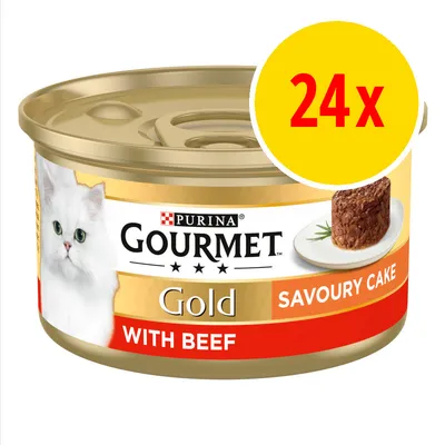 Gourmet Gold Savoury Cake with Beef, 24 pack indicated in yellow circle on can label.