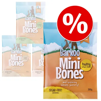 Pachete Barkoo Mini Bones 200g, variante vizibile: Poultry, Lamb, Rumen. Text pe ambalaj: SUGAR-FREE! and training tastes yummy! Simbol promoțional procent roșu.