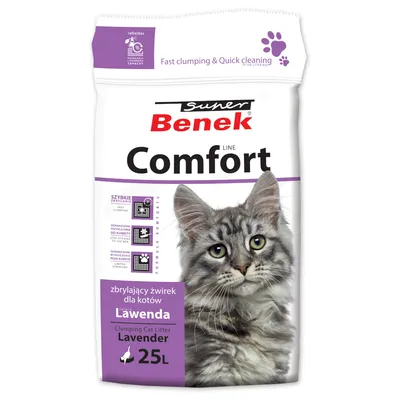 Super Benek Comfort żwirek dla kotów lawendowy, 25L. Właściwości: szybkie zbrylanie, łatwe czyszczenie, redukuje zapach i kurz. Obraz szarego kota na opakowaniu.
