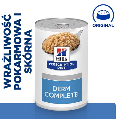 Hill's Prescription Diet Derm Complete, puszka karmy z widoczną zawartością. Tekst: Wrażliwość pokarmowa i skórna, Original.