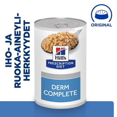 Hill's Prescription Diet Derm Complete -koiran märkäruoka, purkki. Teksti: Iho- ja ruoka-aineyliherkkyydet. Original-symboli yläkulmassa.