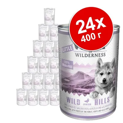 24 консерви Wolf of Wilderness Little Wild Hills, 400 г. Видими надписи: 100% grain-free, Junior, Duck & Veal with fruits of the forest, roots and wild herbs.