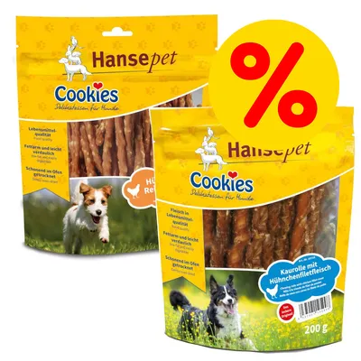 Hansepet Cookies Delikatessen für Hunde, Kaurolle mit Hühnerfiletfleisch, fettarm und leicht verdaulich, schonend im Ofen getrocknet, Lebensmittelqualität, 200g Packung.