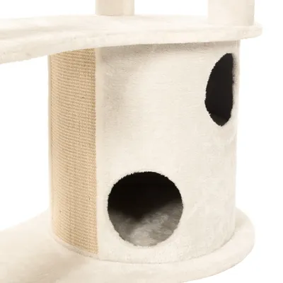 Krabpaal met beige sisal krabvlak en twee ronde openingen in een zachte, witte kattenhuisstructuur. Materiaal: stof en sisal.