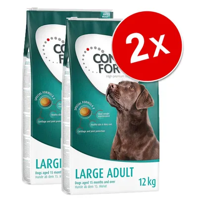 2 sacs de croquettes COMFORT Large Adult 12 kg, pour chiens dès 15 mois. Texte visible : Special Formula 4, Ideal weight maintenance, Healthy skin & shiny coat, Cartilage and joint protection.