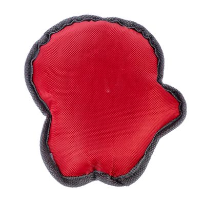 Red bone-shaped toy with grey border, suitable for pets.