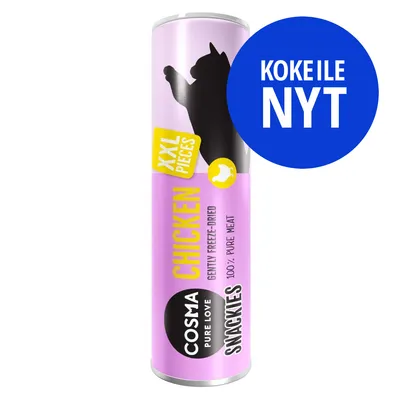 COSMA PURE LOVE SNACKIES CHICKEN XXL PIECES, gently freeze-dried, 100 % pure meat. KOKEILE NYT -teksti sinisessä ympyrässä.
