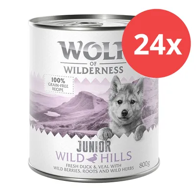 Wolf of Wilderness Junior Wild Hills, 24x800g, 100% grain-free Rezept mit frischer Ente und Kalb, Wildbeeren, Wurzeln und Kräutern.