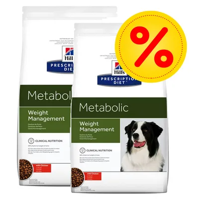 Two bags labelled Metabolic Weight Management, clinical nutrition with chicken, and a percentage discount symbol in the corner. Two bags labelled Metabolic Weight Management, clinical nutrition with chicken, and a percentage discount symbol in the corner.