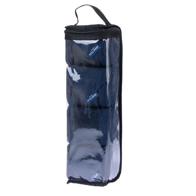 Nomad Tales borsa con rotoli di tessuto blu scuro, design trasparente con cerniera e manico.