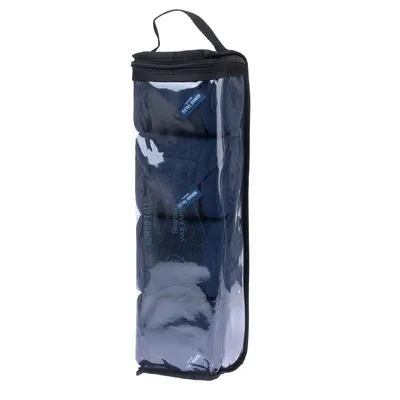 Nomad Tales tas met donkerblauwe stoffen rollen, transparant design met ritssluiting en draaggreep.