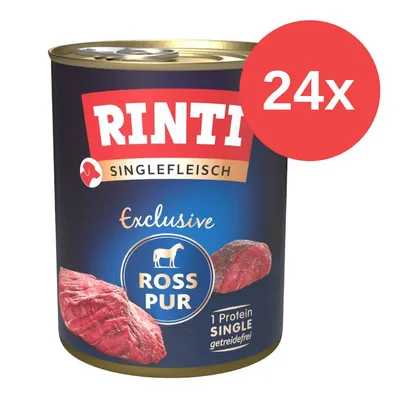 RINTI Singlefleisch Ross Pur, Exclusive, 1 Protein Single, getreidefrei. Verpackung zeigt 24x Dosen mit Pferdefleisch.