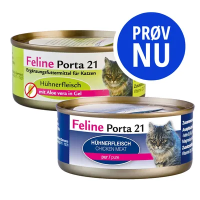 Feline Porta 21 kattemad dåser med teksten Hühnerfleisch, mit Aloe vera in Gel og HÜHNERFLEISCH CHICKEN MEAT pur/pure. Blå cirkel med teksten PRØV NU.