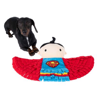 Chien à côté d’un jouet en tissu représentant Superman avec cape rouge, logo S jaune et rouge sur fond bleu. Jouet posé au sol, matériaux textiles visibles.