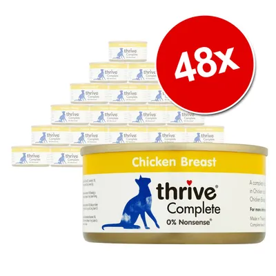 48x dåser thrive Complete Chicken Breast kattemad, 0% Nonsense. Gul og hvid emballage med blå katteillustration og tydelig tekst på forsiden.
