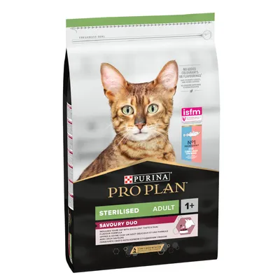 Purina Pro Plan Sterilised Adult 1+ Savoury Duo. ISFM zertifiziert, keine Farbstoffe oder Aromastoffe hinzugefügt. Hauptzutat: Huhn. Für sterilisierte Katzen ab 1 Jahr.