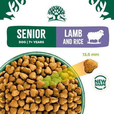 Dry food for senior dogs from 7 years, Lamb and Rice variety, kibble shape with a diameter of 13.5 mm, note on new shape.