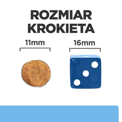Rozmiar krokieta: średnica 11 mm, obok kostka do gry o boku 16 mm dla porównania wielkości.