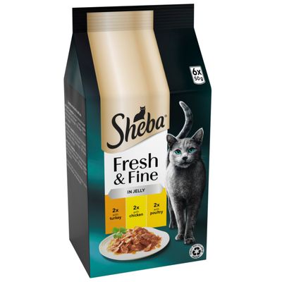 Sheba Pouches: Easy to serve. Step 1: Open, Step 2: Squeeze out, Step 3: Serve. Clean and elegant portioning as shown in the illustration.