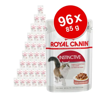Royal Canin Instinctive Nassfutter für ausgewachsene Katzen, 96 x 85 g. Abgebildet: Verpackung und Produktstapel.