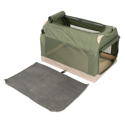 Zelený transportní box se síťovanými okny a vyjímatelnou šedou podložkou, vhodný pro domácí mazlíčky. Box z textilu s pevným kovovým rámem.