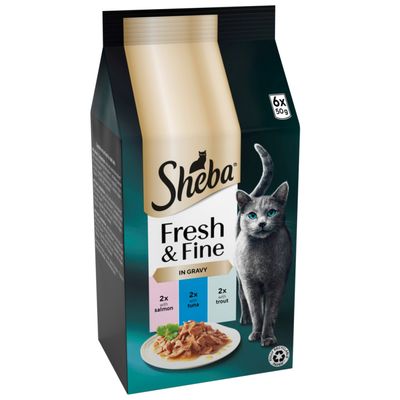 Sheba Fresh & Fine in Sauce, 6x50g. 2x tuna, 4x salmon. 100% recyclable paper. MSC certified for sustainable seafood.