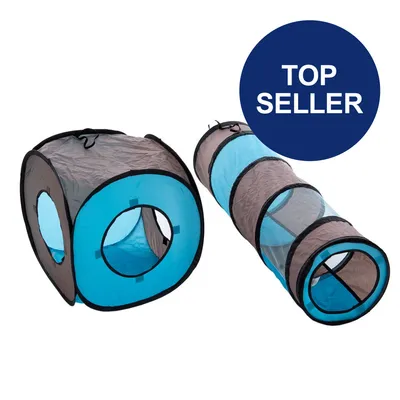 Spielzeug-Set bestehend aus einem blauen Würfel und einem Tunnel mit Netzmaterial. Kreisförmige Öffnungen. Text: Top Seller.