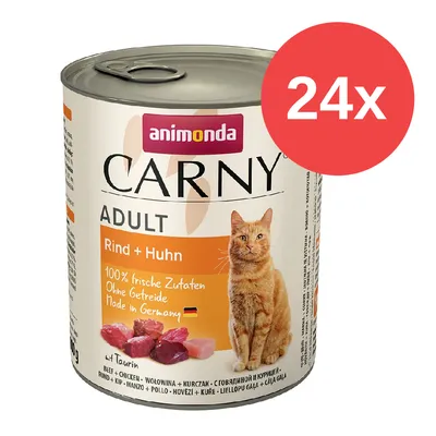 Animonda Carny Adult Rind + Huhn, 100% frische Zutaten, ohne Getreide, Made in Germany. Packung mit 24 Dosen.