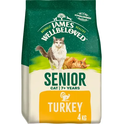 James Wellbeloved Senior Cat 7+ Years Turkey, 4 kg. Hipoalergena hrana za starije mačke s puretinom. Prikazane slike dviju mačaka na pakiranju.