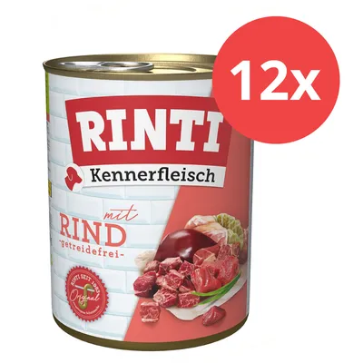RINTI Kennerfleisch mit Rind, getreidefrei, 12x. Abgebildet ist eine Dose mit Fleischstücken und Gemüse auf dem Etikett.