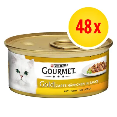Scatoletta Purina Gourmet Gold Zarte Häppchen in Sauce mit Huhn und Leber, confezione da 48x. Testo in tedesco visibile sull'etichetta.