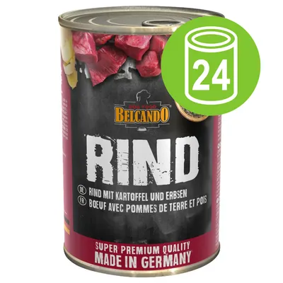 Belcando Rind hondenvoer, rund met aardappel en erwten. Super premium quality. Made in Germany. 24-blik voordeelverpakking zichtbaar. Belcando Rind hondenvoer, rund met aardappel en erwten. Super premium quality. Made in Germany. 24-blik voordeelverpakking zichtbaar.