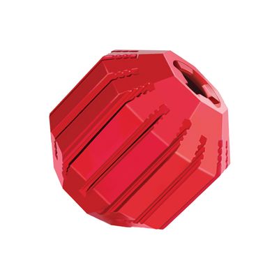 Palla da gioco rossa con scanalature strutturate e apertura, adatta per gioco interattivo o da riempire.