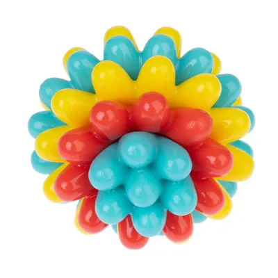 Minge de joacă colorată din plastic cu protuberanțe roșii, galbene și albastre. Design rotund pentru joacă interactivă.