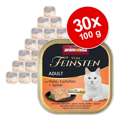 animonda Vom Feinsten Adult, 30 x 100 g, z kurczakiem, filetem z łososia i szpinakiem. Opakowanie pokazuje białego kota oraz widoczne składniki.