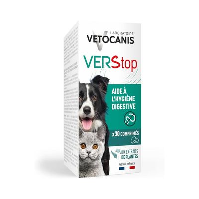 Vetocanis VERStop, 30 Tabletten. Unterstützung der Verdauungshygiene mit Pflanzenextrakten. Hergestellt in Frankreich. Geeignet für Hunde und Katzen.