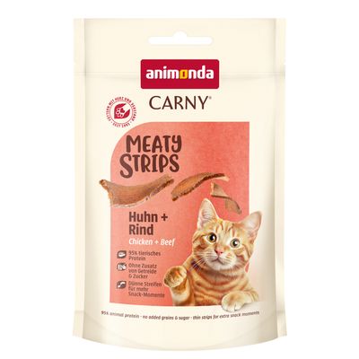 Animonda Carny Meat Yummies kurczak + wołowina. 95% składników pochodzenia zwierzęcego, bez dodatku cukru, bez dodatku zbóż.