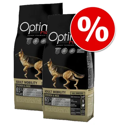 Optimanova Adult Mobility Chicken & Rice hondenvoer, 65% vlees (35% vers, 25% gedehydrateerd, 5% gehydrolyseerd kip), voordeelverpakking met kortingssymbool.