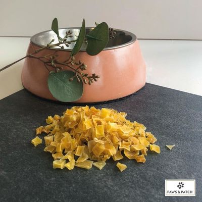 Paws & Patch. Getrocknete gelbe Gemüsewürfel vor einem rosa Futternapf mit Eukalyptuszweig.