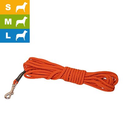 Longe orange en corde avec mousqueton métallique, pictogrammes S, M, L pour différentes tailles de chiens visibles en haut à gauche.