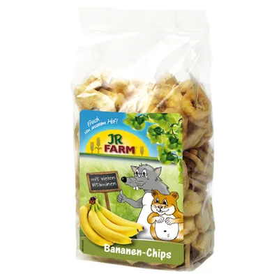 JR Farm Bananen-Chips, frisch vom Hof, mit vielen Vitaminen. Verpackung zeigt Banane und Tiere.