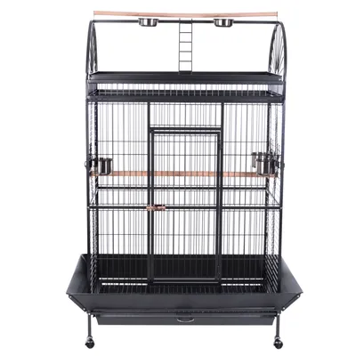 Grande cage à oiseaux en métal avec parois grillagées, perchoirs en bois, échelle et deux gamelles en acier inoxydable. Partie inférieure avec tiroir amovible et roulettes.