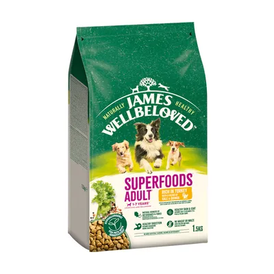 James Wellbeloved Superfoods Adult, pulykában gazdag kelkáposztával és quinoával, hipoallergén, érzékeny háziállatoknak, 1,5 kg. Természetes, egészséges összetevők, búza és kukorica nélkül. James Wellbeloved Superfoods Adult, pulykában gazdag kelkáposztával és quinoával, hipoallergén, érzékeny háziállatoknak, 1,5 kg. Természetes, egészséges összetevők, búza és kukorica nélkül.
